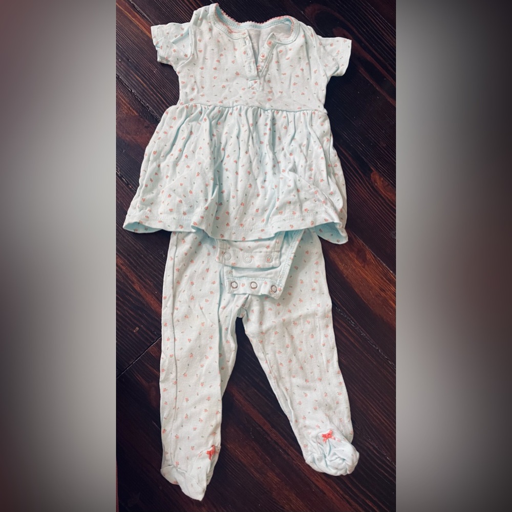 Carter’s two piece blue and pink set with rose detail. Never worn, EUC.